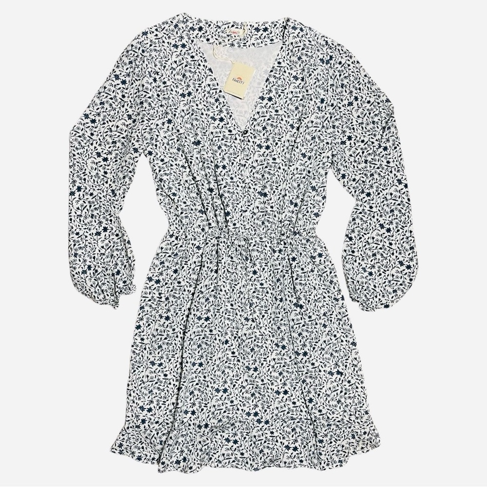 Faherty Kennedy 100% Silk Spring Daisy Dress NWT In White & Blue Floral Sz L